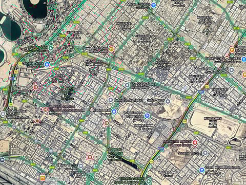 Real-time Google Maps data showed slow-moving traffic on Al Ittihad Road and Sheikh Mohammed bin Zayed Road.