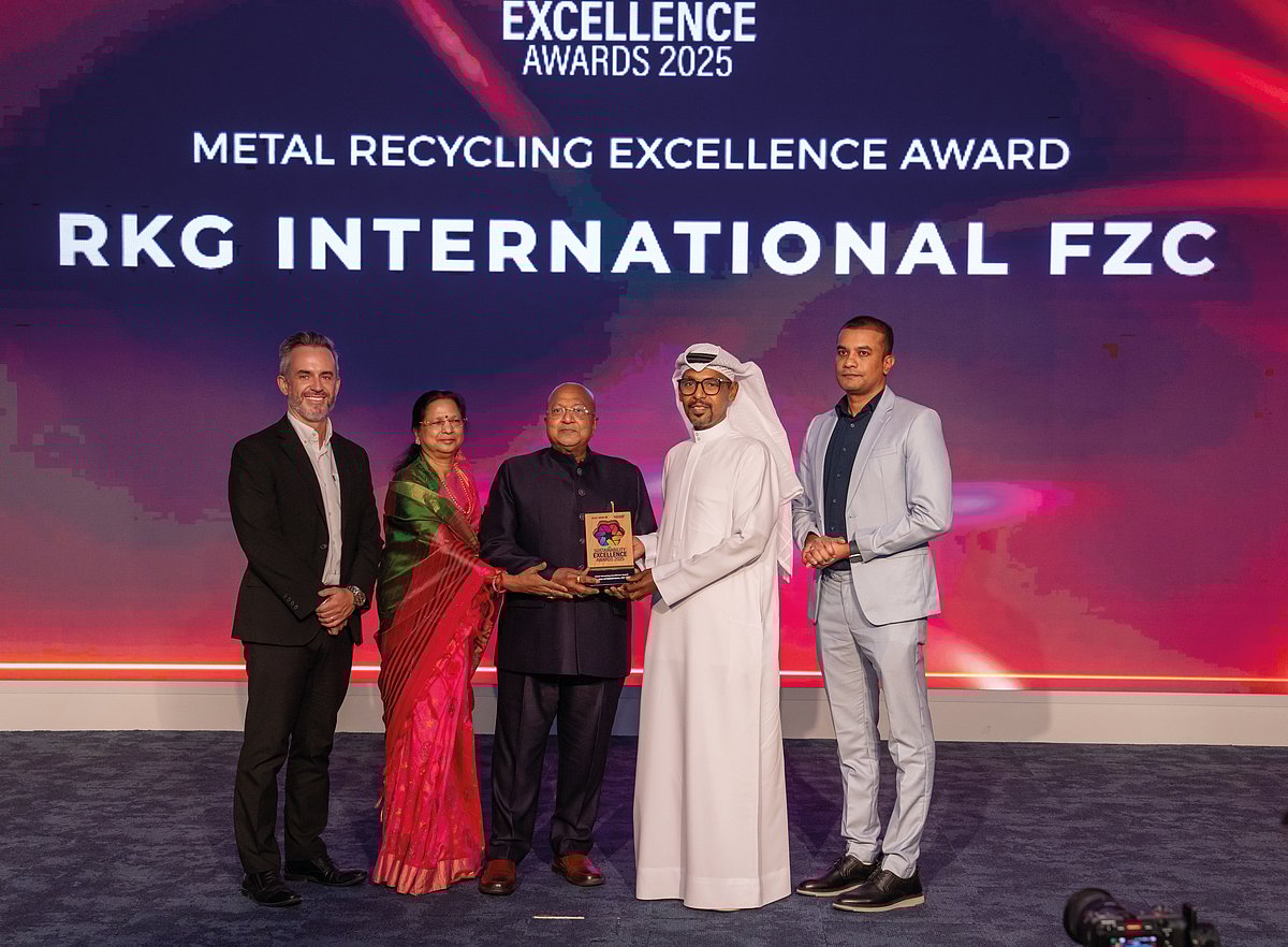 Dr Rajesh Kumar Agarwal, Executive Director RKG International FZC and his wife with Dr. Mohamed Al Breiki, Executive Director of Sustainable Development at Masdar City; Mark Thompson of Gulf News and Nagarajan Suranthiran, CEO of Beetamax