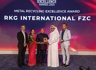 Dr Rajesh Kumar Agarwal, Executive Director RKG International FZC and his wife with Dr. Mohamed Al Breiki, Executive Director of Sustainable Development at Masdar City; Mark Thompson of Gulf News and Nagarajan Suranthiran, CEO of Beetamax