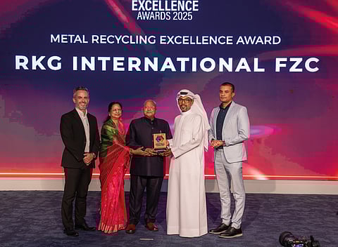 Dr Rajesh Kumar Agarwal, Executive Director RKG International FZC and his wife with Dr. Mohamed Al Breiki, Executive Director of Sustainable Development at Masdar City; Mark Thompson of Gulf News and Nagarajan Suranthiran, CEO of Beetamax