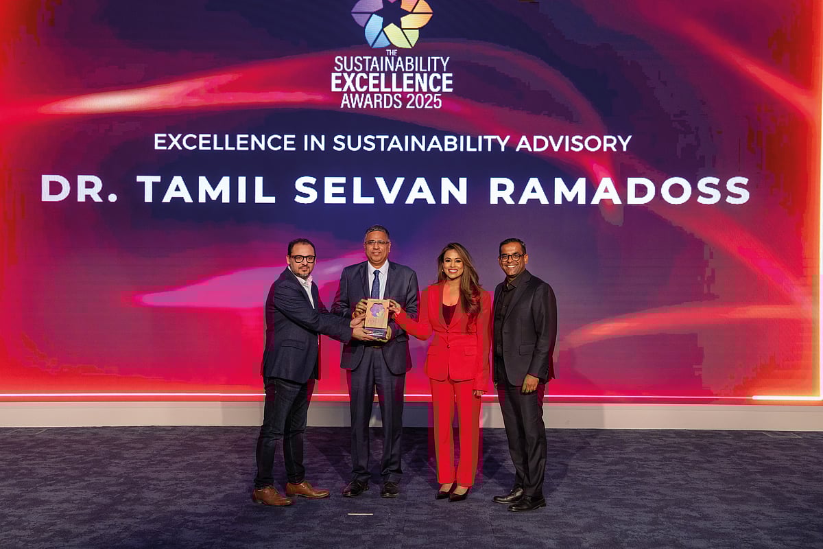 Dr. Tamil Selvan Ramadoss, Group Finance and Business Transformation Officer and International Triple-Helix Model Expert, along with the Gulf News senior leadership team: Santu Dev, Director – Commercial; Tina Bhaktha, Director – Events and Special Features; and David George, Director – Creative Content & Design