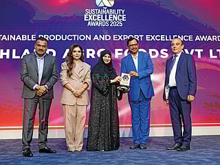 Anil Nandanan, Group Executive Director of H.A.F Overseas Trading LLC, A Highland Group Entity with Chief Guest Dr. Habiba Al Marashi, Captain Pradeep Singh of Karma Developers, Vijay Vaghela of Gulf News, and Aparna Bajpai of BeingShe