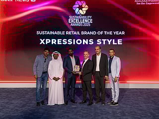Rakesh Ramakrishnan, Marketing Director, Xpressions Style receiving the award from Mark Thompson, Editor-in-Chief of Gulf News;  Dr. Mohamed Al Breiki, Executive Director of Sustainable Development at Masdar City; and Nagarajan Suranthiran, CEO of Beetamax