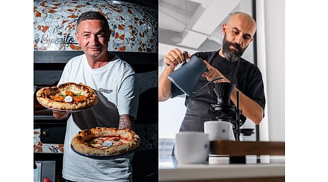 (Left) Bart Misztal, Brand Founder and Owner of Naughty Pizza in the UAE and UK, (Right): Serkan Sagsoz, Head of Coffee, Julios