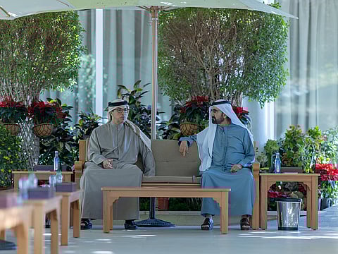 Sheikh Mohammed bin Rashid Al Maktoum with Sheikh Mansour bin Zayed Al Nahyan at Al Marmoom Rest House in Dubai.