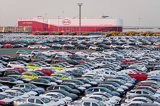 This photo taken on April 27, 2025 shows BYD electric cars waiting to be loaded to the automobile carrier BYD "Shenzhen", which will sail to Brazil from the Taicang Port in Suzhou, in China’s eastern Jiangsu province.