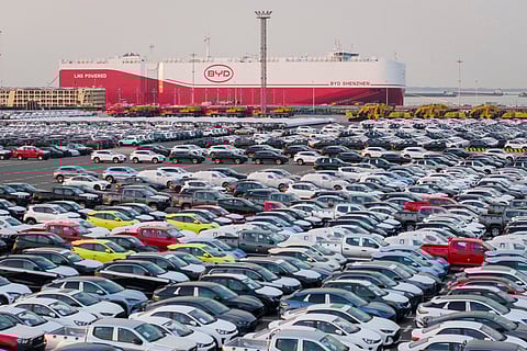 This photo taken on April 27, 2025 shows BYD electric cars waiting to be loaded to the automobile carrier BYD "Shenzhen", which will sail to Brazil from the Taicang Port in Suzhou, in China’s eastern Jiangsu province.