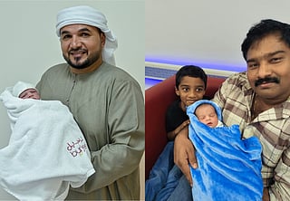 (Left) Baby Hamdan with his father, and the unnamed Indian baby boy with his father and brother