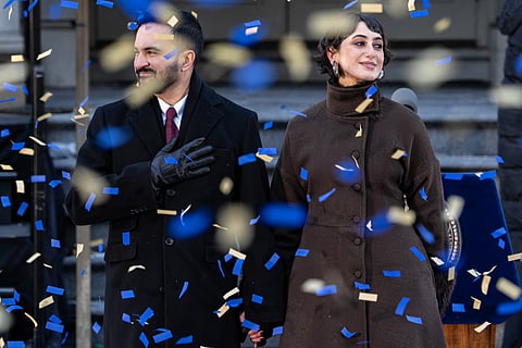 New York Mayor Zohran Mamdani and his wife Rama Duwaji at City Hall Thursday January 1, 2026 in New York, NY. Rama Duwaji chose to wear a Middle Eastern design on this momentous day