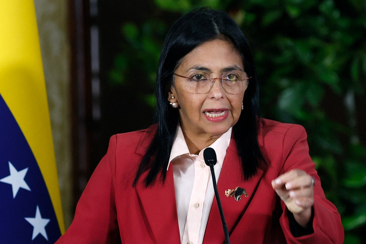 Venezuela's Vice President Delcy Rodriguez speaks during a meeting with the Diplomatic Corps, in Caracas, on June 23, 2025. US President Donald Trump threatened Sunday that Venezuela's interim leader Delcy Rodriguez will pay a "very big price" if she doesn't cooperate with the United States, after US forces seized and jailed her former boss Nicolas Maduro.