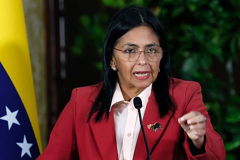Venezuela's Vice President Delcy Rodriguez speaks during a meeting with the Diplomatic Corps, in Caracas, on June 23, 2025. US President Donald Trump threatened Sunday that Venezuela's interim leader Delcy Rodriguez will pay a "very big price" if she doesn't cooperate with the United States, after US forces seized and jailed her former boss Nicolas Maduro.