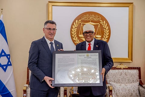 Somaliland's President Abdirahman Abdullahi Mohamed (right) posing for a photograph with Israel's Foreign Minister Gideon Saar at the Presidential Palace in Hargeisa.