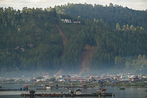 This photo shows a general view of residential houses near an area where a landslide took place following a flash flood in Takengon, Indonesia's Aceh province on January 6, 2025.