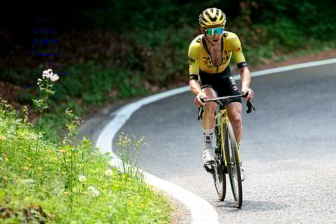 Team Visma-Lease a Bike's British rider Simon Yates rides on the ascent of the Colle Delle Finestre during the 20th stage of the 108th Giro d'Italia cycling race 205kms from Verres to Sestriere on May 31, 2025.