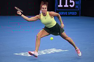 Aryna Sabalenka of Belarus hits a return during her women's singles match against Sorana Cirstea of Romania at the Brisbane International tennis tournament in Brisbane on January 8, 2026.