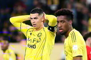 Nassr's Portuguese forward #07 Cristiano Ronaldo reacts during the Saudi Pro League football match between Al-Nassr FC and Al-Qadsiah at al-Awwal Park stadium in Riyadh on January 8, 2026.