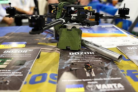 The Varta Dozor AI autonomous artificial intelligence module for drone interception and defence is displayed at the Ukrainian technology pavilion during the annual Consumer Electronics Show (CES) in Las Vegas, Nevada on January 7, 2026.