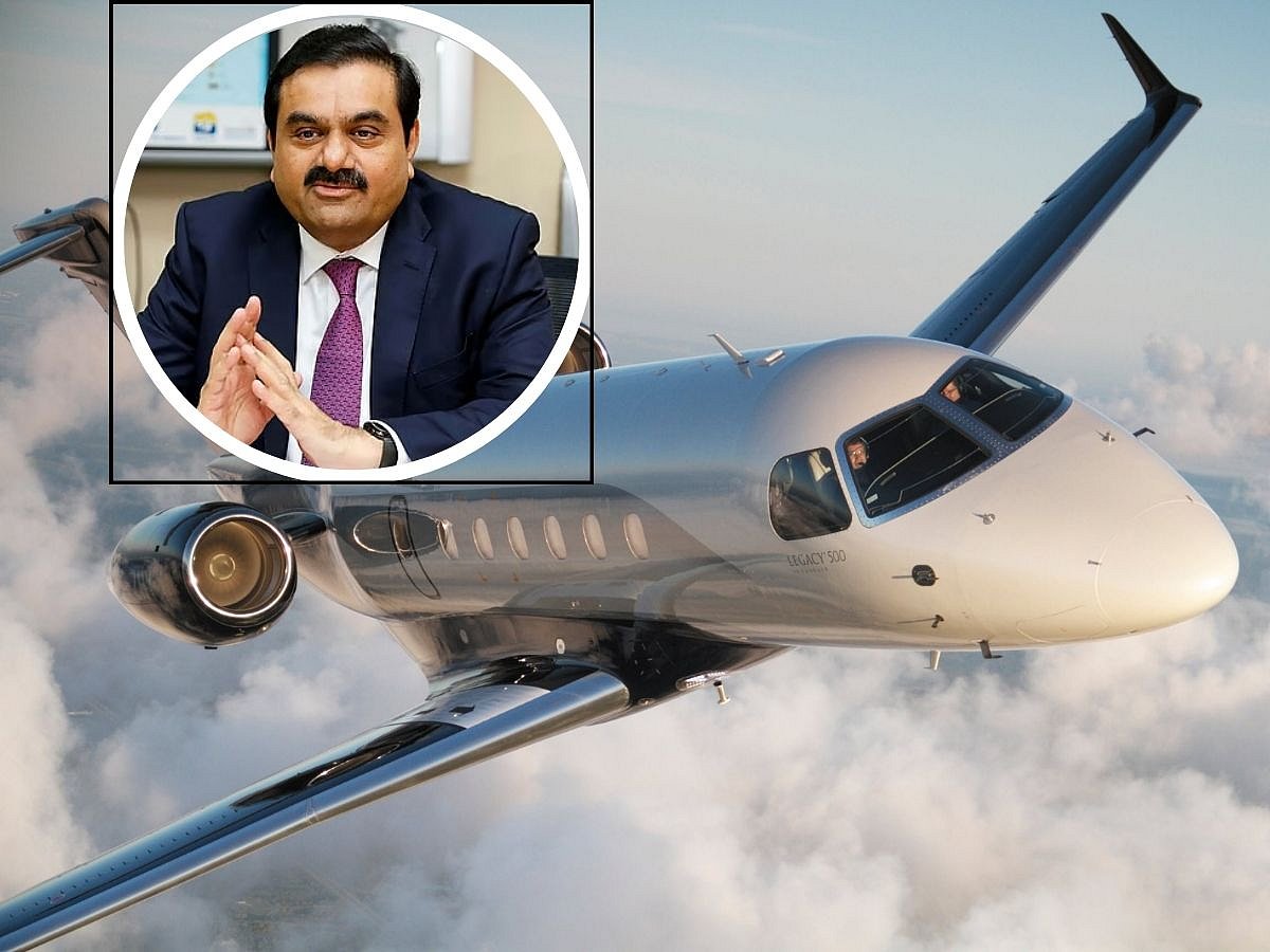 An Embraer business jet and Indian tycoon Gautam Adani (inset).