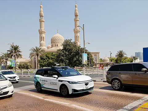 RoboTaxi, the driverless autonomous vehicle during a trial run with safety driver at Jumeirah Beach Road in Dubai. 