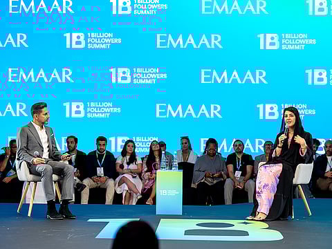 Reem Al Hashimy, UAE’s Minister of State for International Cooperation (right), speaks at a fireside chat titled ‘Taking Aid to the World: Turning Attention into Action’ during the 1 Billion Followers Summit 2026 in Dubai.