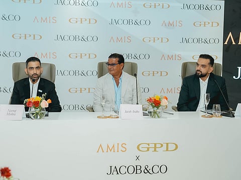 
From left: Neeraj Mishra, Founder and CEO of AMIS GPD Development, a part of AMIS Group; Jacob Arabo, Founder, Chairman and Creative Director of Jacob & Co.; and Shah Azim Hameed, a shareholder in AMIS GPD Development, at the signing of the agreement