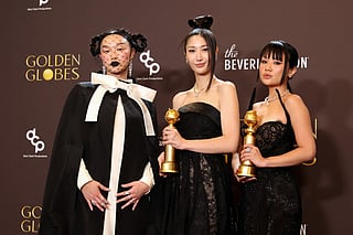 Audrey Nuna, EJAE and Rei Ami, winners of the Best Original Song - Motion Picture for "Golden" from "KPop Demon Hunters," pose in the press room during the 83rd Annual Golden Globe Awards at The Beverly Hilton on January 11, 2026 in Beverly Hills, California.