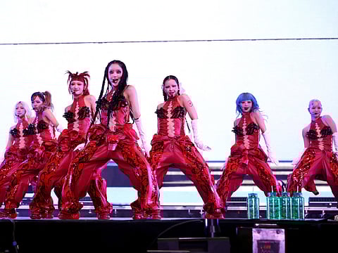 MAYA, JURIA, JURIN, CHISA, HARVEY, HINATA and COCONA of XG perform at Sahara Tent during the 2025 Coachella Valley Music and Arts Festival on April 20, 2025 in Indio, California.