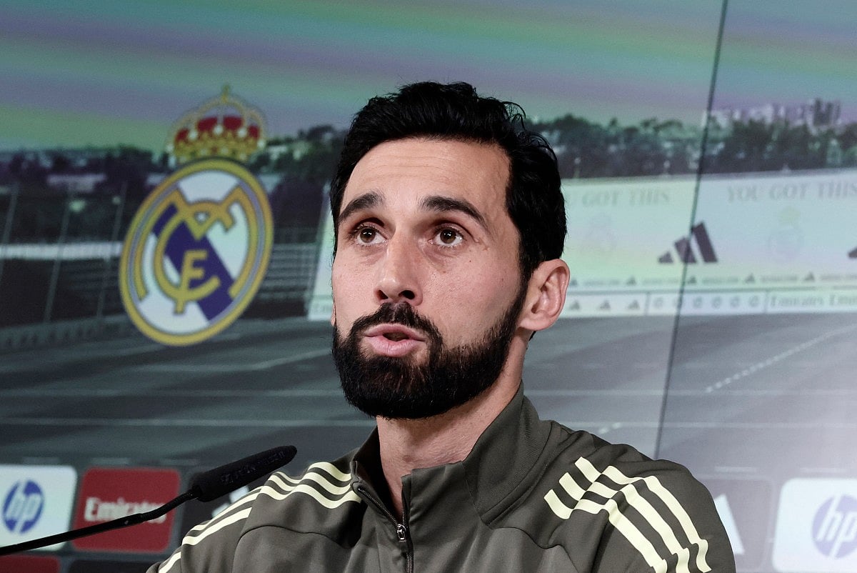 Real Madrid's new coach Alvaro Arbeloa gives a press conference at Real Madrid Sports City in Valdebebas, in the outskirts of Madrid, on January 13, 2026.