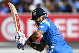 India's Virat Kohli plays a shot during the second one-day international (ODI) cricket match between India and New Zealand at Niranjan Shah Stadium in Rajkot on January 14, 2026.