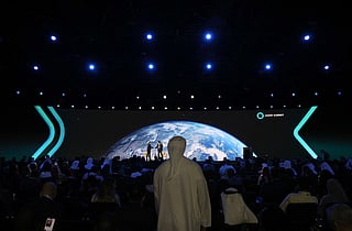 View of the conference hall at the Abu Dhabi Sustainability Week in Abu Dhabi on January 14, 2026.