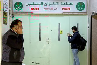 The main entrance of the original Muslim Brotherhood office, that is sealed with official wax after it was raided and shut down by police, in Amman, Jordan, on  April 13, 2016. 