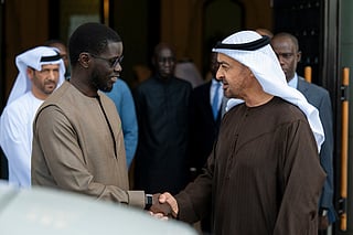 Sheikh Mohamed bids farewell to Bassirou Diomaye Faye, President of Senegal (L), after a meeting at Al Shati Palace.