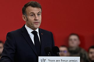 French President Emmanuel Macron delivers his New Year's address to the armed forces at the Istres military air force base, southern France, on January 15, 2026.