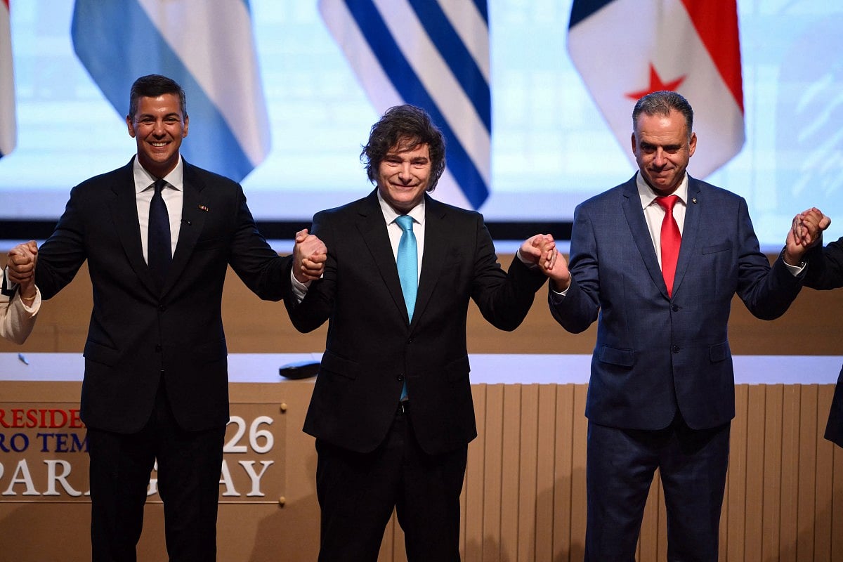 Argentine senators voted 69-3 in favour of the agreement to create one of the world's biggest free trade zones, sealing its adoption days after it passed the lower house. Photo shows Argentina's President Javier Milei, Uruguay's President Yamandu Orsi and Paraguay's President Santiago Pena posing for the official picture at the end of the signing ceremony of the trade agreement between the European Union and Mercosur, at the Gran Teatro Jose Asuncion Flores of Paraguay's Central Bank in Asuncion. File photo taken on January 17, 2026. 