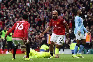Manchester United's Cameroonian midfielder Bryan Mbeumo celebrates
