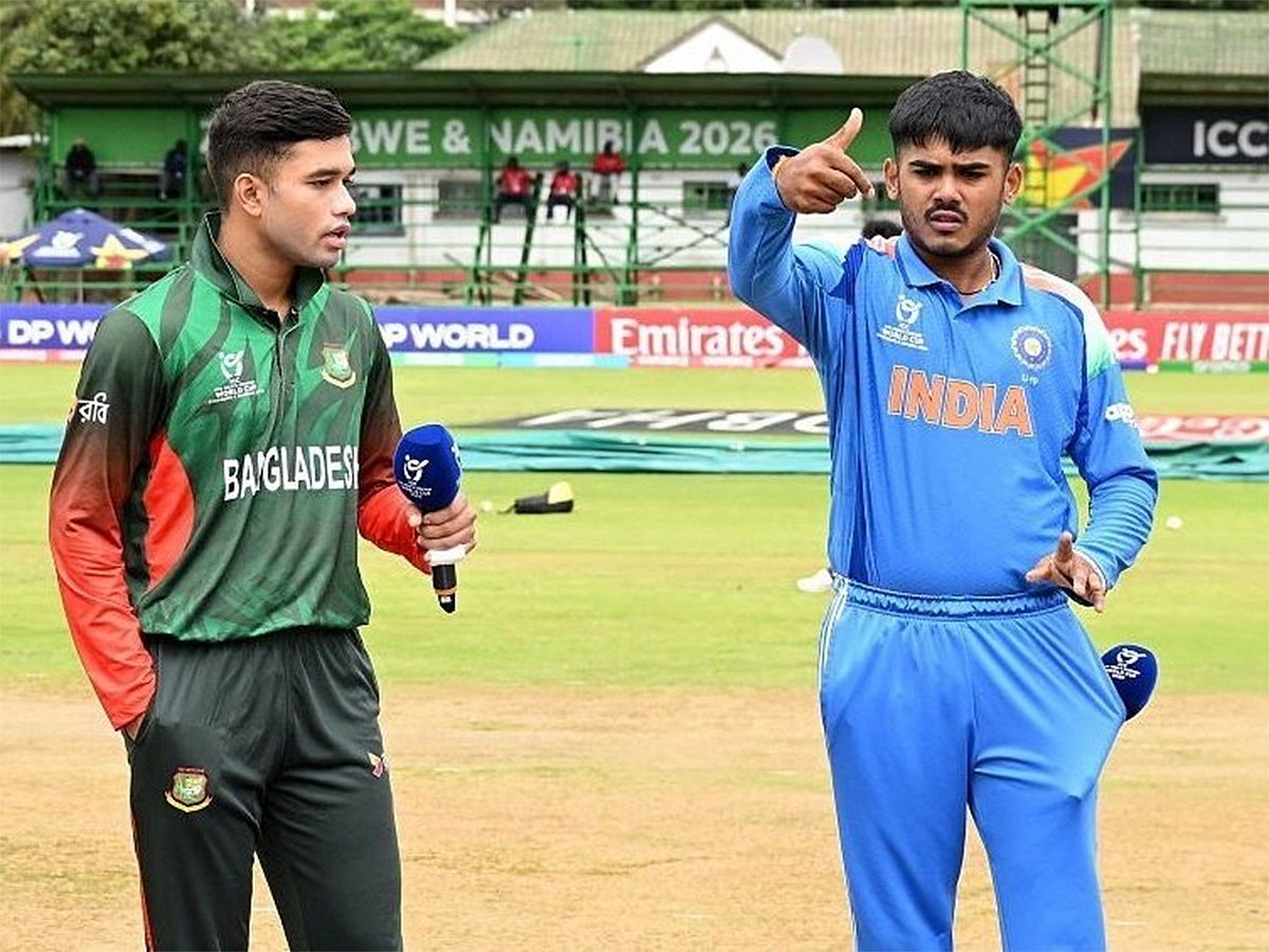 India Under-19 skipper Ayush Mhatre (right) and Bangladesh vice-captain Zawad Abrar, are seen during the toss at the Queens Sports Club in Bulawayo.