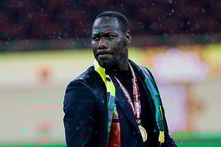 Senegal's head coach Pape Thiaw reacts during presentation ceremony after winning the Africa Cup of Nations (CAN) final football match against Morocco at the Prince Moulay Abdellah Stadium in Rabat on January 18, 2026.