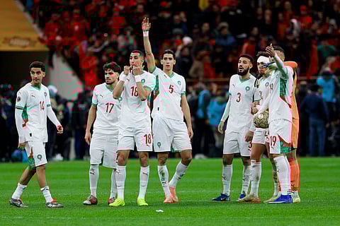 Morocco's players react during the Africa Cup of Nations (CAN) final football match between Senegal and Morocco at the Prince Moulay Abdellah Stadium in Rabat on January 18, 2026.