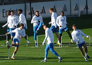 Real Madrid players attend a training session on the eve of the UEFA Champions League league phase day 7 football match between Real Madrid CF and AS Monaco at Real Madrid Sports City in Valdebebas, on the outskirts of Madrid, on January 19, 2026.