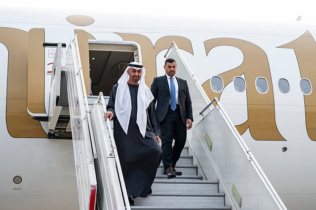 Sheikh Mohamed bin Zayed Al Nahyan arrives at Palam Air Base, commencing a working visit.