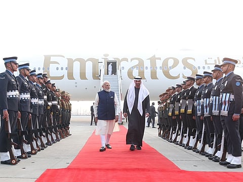 The Indian Prime Minister broke protocol to personally receive the UAE President at the Palam Air Base in New Delhi.
