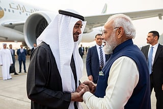 His Highness Sheikh Mohamed bin Zayed Al Nahyan, President of the United Arab Emirates, is received by Narendra Modi, Prime Minister of India, upon his arrival at Palam Air Base during a working visit.