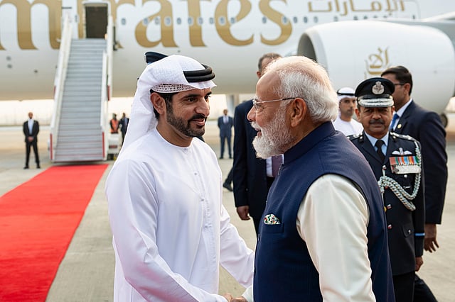 Sheikh Hamdan bin Mohammed bin Rashid Al Maktoum, Crown Prince of Dubai, Deputy Prime Minister and Minister of Defence of the UAE, is welcomed by Narendra Modi, Prime Minister of India.