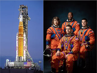 Artemis II crew (right): Reid Wiseman (Commander), Victor Glover (Pilot), Christina Koch (Mission Specialist), and Jeremy Hansen (Mission Specialist, Canadian Space Agency. The Space Launch System (SLS) rocket (left) is being prepped to launch from Nasa's Launch Complex 39B.