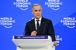 Canada's Prime Minister Mark Carney delivers a speech during the World Economic Forum (WEF) annual meeting in Davos on January 20, 2026.