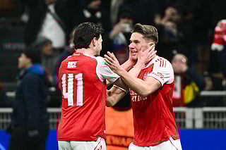 Arsenal's Swedish striker Viktor Gyokeres celebrates with Arsenal's English midfielder Declan Rice 