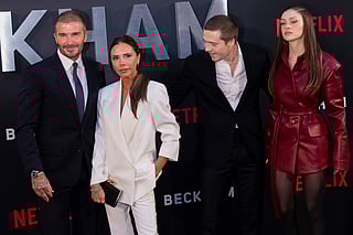 David Beckham, from left, Victoria Beckham, Brooklyn Beckham and Nicola Peltz appear at the premiere of the Netflix docuseries "Beckham" in London on Oct. 3, 2023.