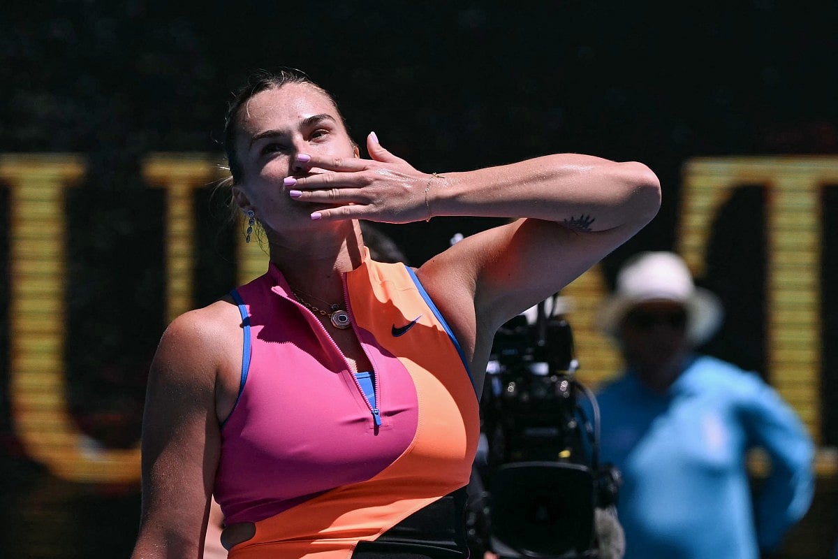 Belarus' Aryna Sabalenka celebrates after her victory against China's Bai Zhuoxuan during their women's singles match on day four of the Australian Open tennis tournament in Melbourne on January 21, 2026.