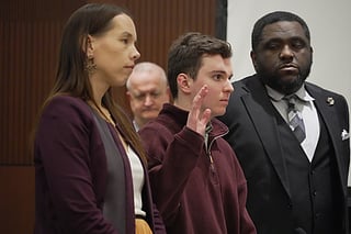 Austin Thompson is sworn in during a hearing in Wake County Superior Court on Wednesday, Jauary. 21, 2026, in Raleigh, N.C.