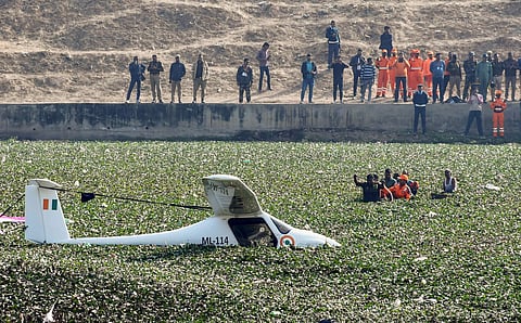 A rescue operation is underway after a trainee aircraft of the Indian Air Force crashes into a pond, in Prayagraj on Wednesday.
